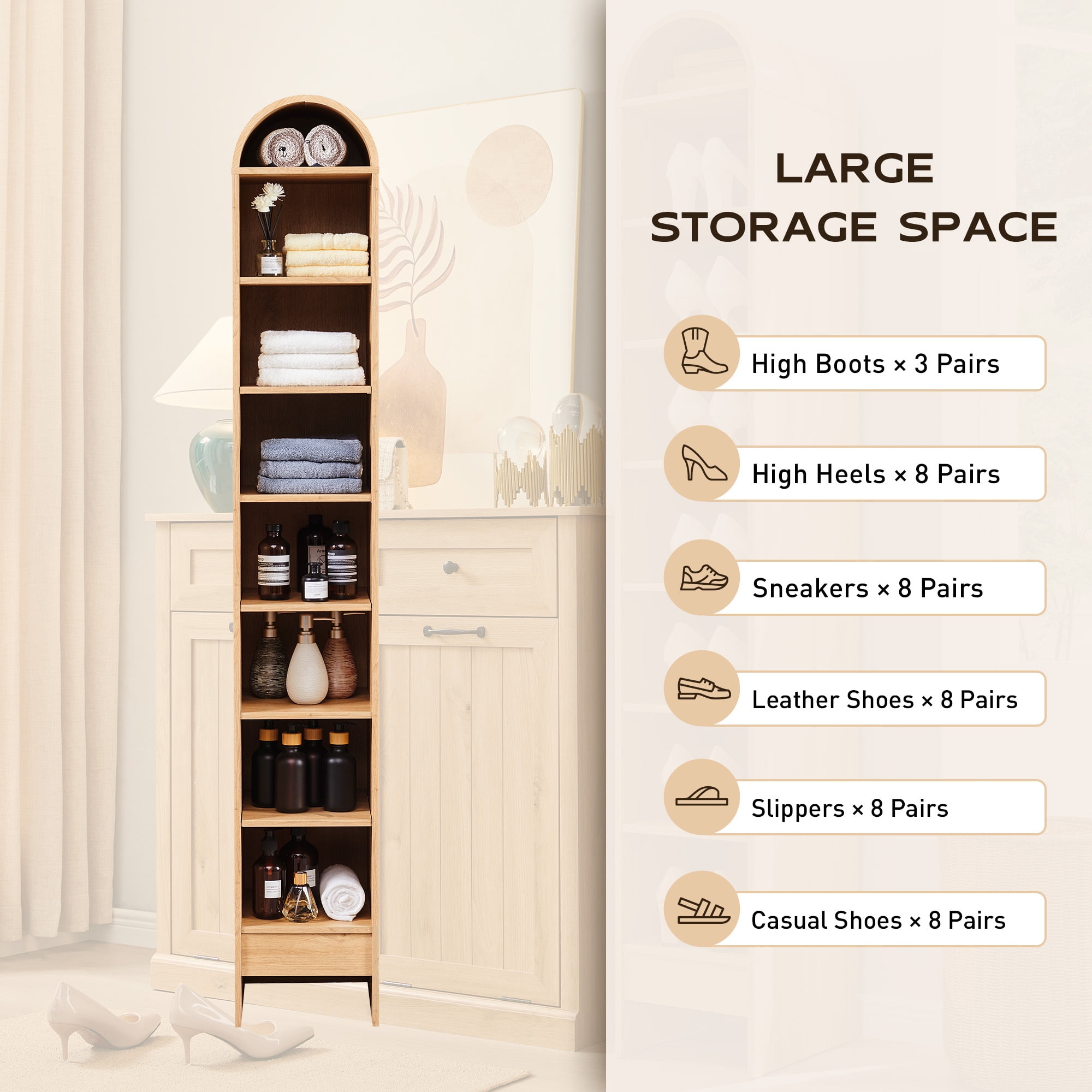 SinCiDo Narrow Arched Bookcase, 8-Tier Open Shelf Bookcase, Medium Density Fiberboard