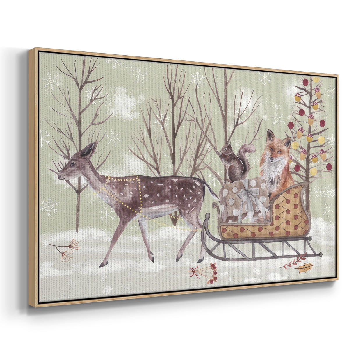 Christmas Time Collection A - Framed Gallery Wrapped Holiday Canvas - 25 x 37 - Natural Wood Frame