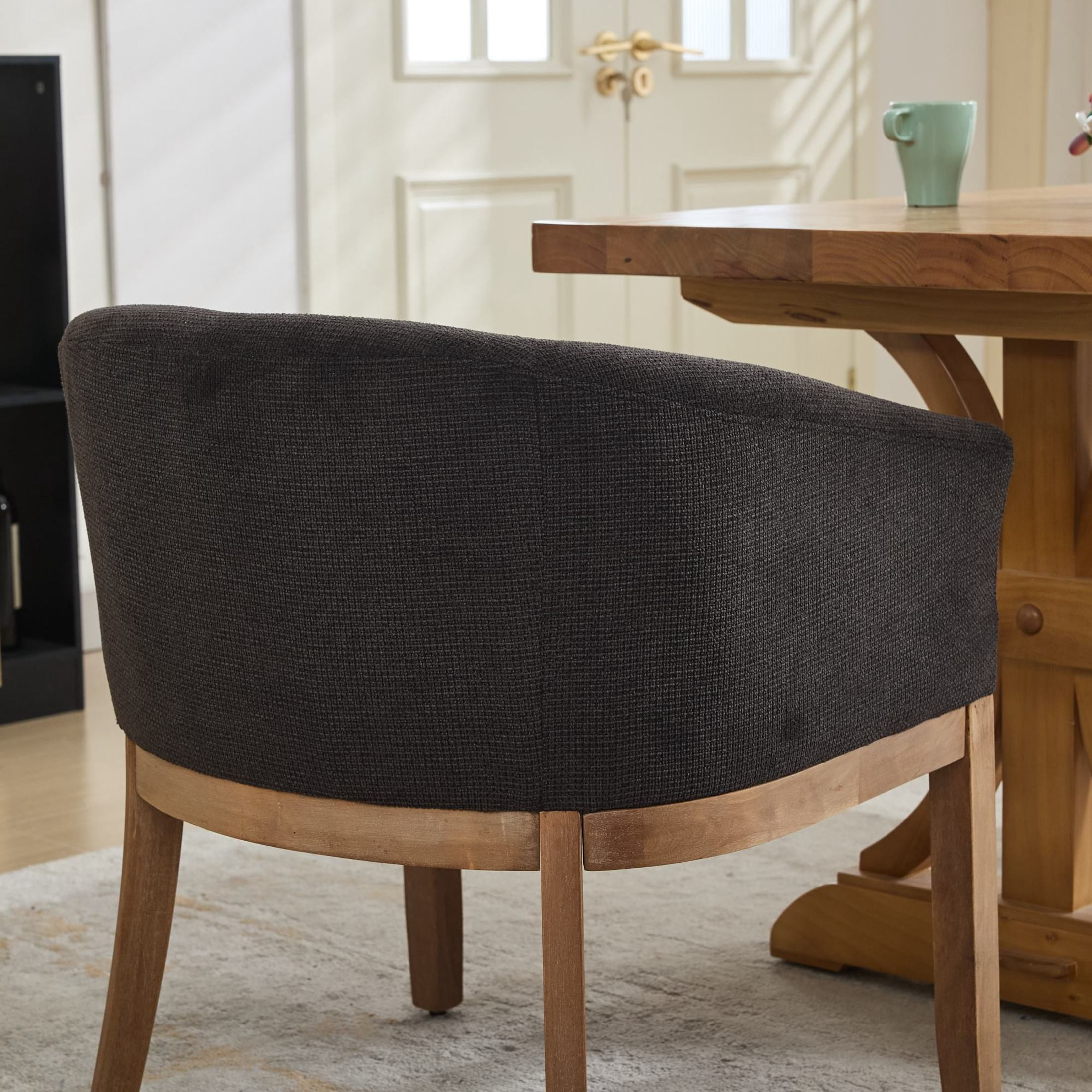 Noble House Barrel Dining Chair with Arms, Linen Upholstery, Rubberwood Frame, Charcoal Gray