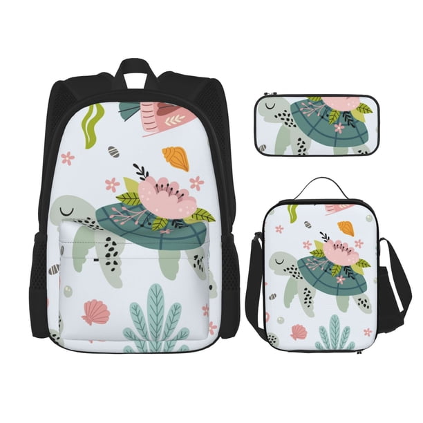 Easygdp Sea Animal Mochila para Niños y Niñas con Set de Caja de Almuerzo y Estuche para Lápices 3 en 1, Mochila Escolar Estampada para Adolescentes