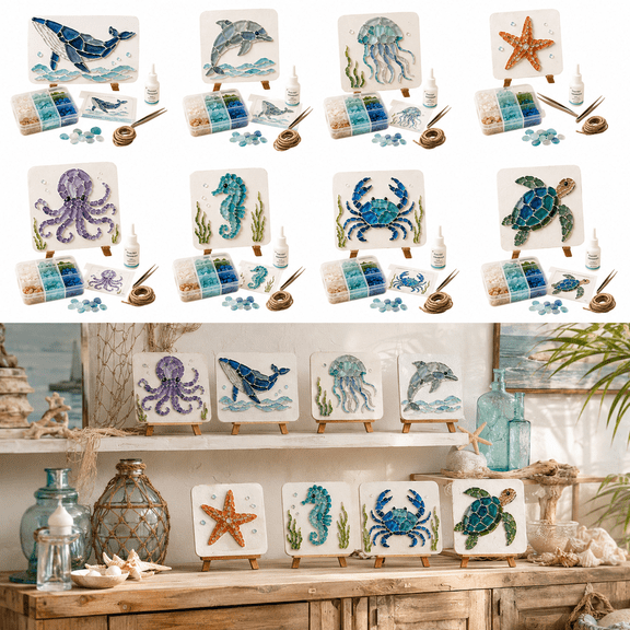 Sea Glass for Crafts DIY Art Kit, Sea Glass Beads Mosaic Craft Supplies, Ocean Animal Pearl Glass Art Kit with Turtle Design, DIY Coastal Wall Decor Gift for Adults Kids A