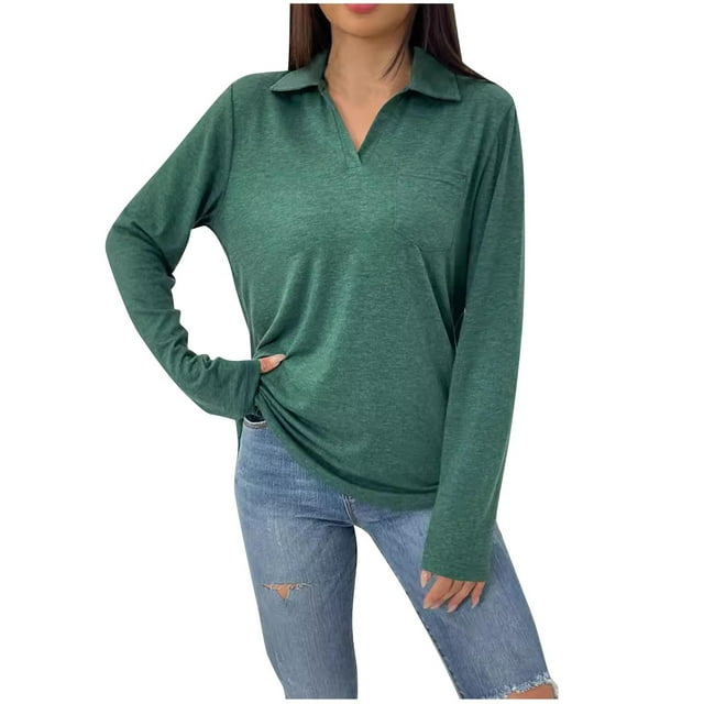 cfhntfmh Lounge Tops for Women 2024 Soft Collared Long Sleeve Solid Color Shirts Loose Fall Basic Blouses with Pockets