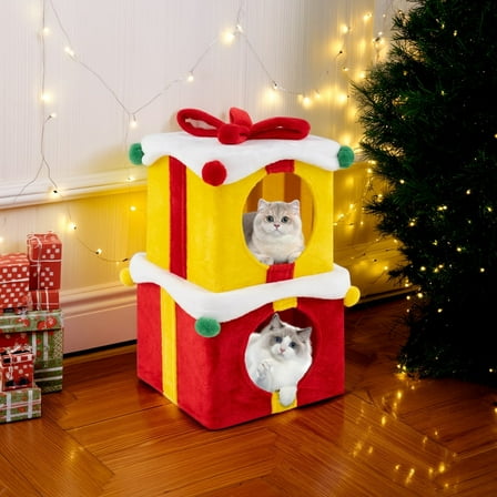 Pefilos 2 Gift Box Shaped Cute Christmas Cat House with Bow, Cat Nest for Indoor Cats Stackable Cube Condo Kittens Condos, Red   Yellow