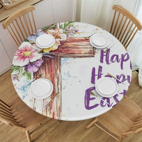 Autua Flowers Cross Easter Round Tablecloth | Stain-Resistant & Washable | Ideal for Indoor and Outdoor Use | Table Cover Easter Full Width Single-Sided Printing 31"-35