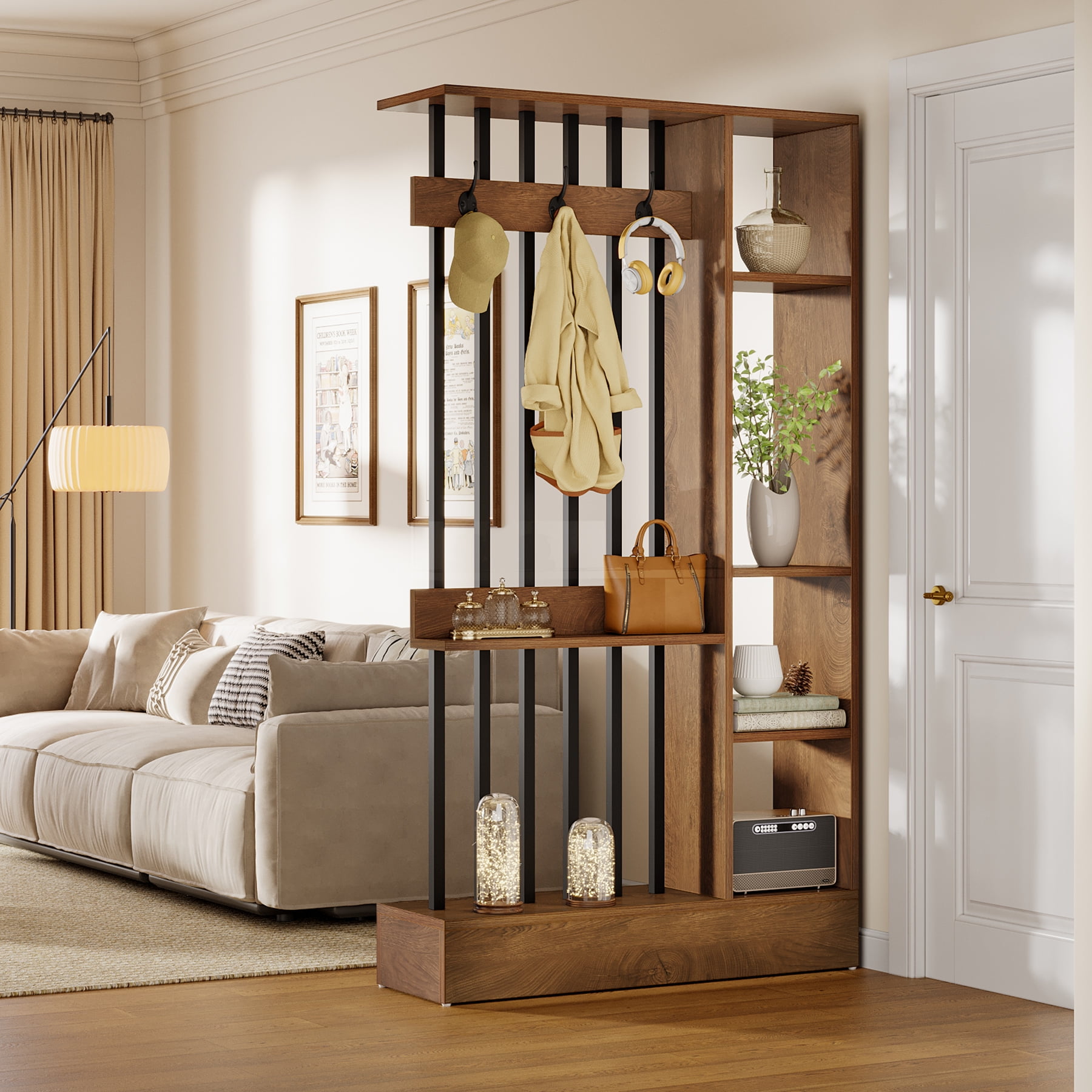 Finmind 71-inch Wall Room Divider, Freestanding Wood Room Divider Bookcase with Shelves & Coat Hooks, Industrial Wall Partition for Living Room, Brown