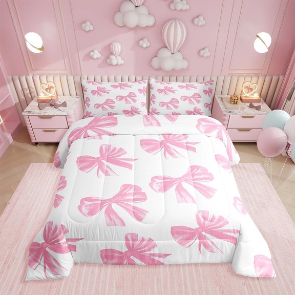 Erosebridal Pink White Bow Twin Comforter Set Cute Bowknot Bedding Set Teen Women,Kawaii Girly Bow Down comforter Watercolor Bow Quilt Set 1 Pillow Case