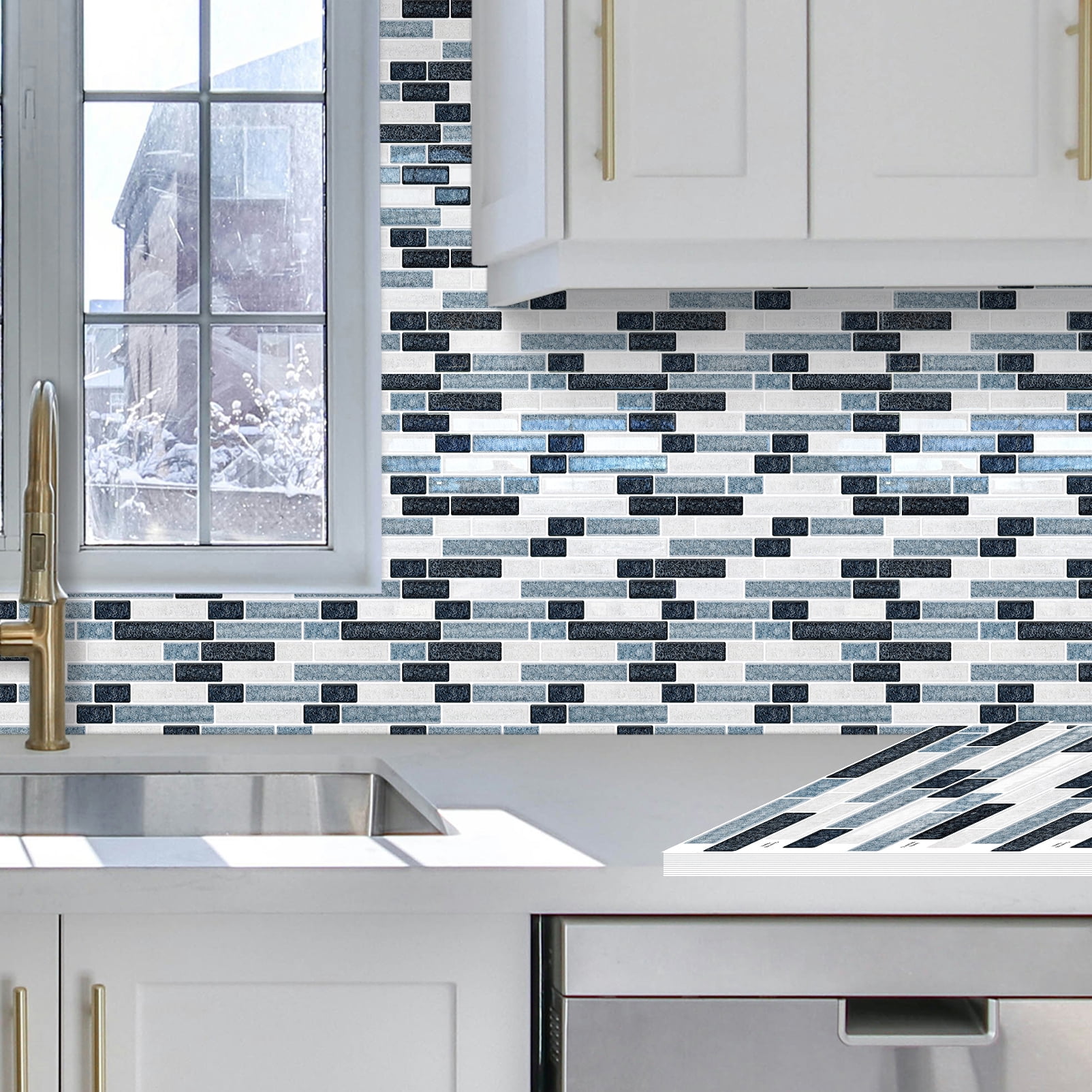 DEWOO Peel and Stick on Self Adhesive Backsplash Wall Marble Tiles Stickers 3D for Kitchen Bathroom,Dark Blue (10-Sheet, 12"×12")