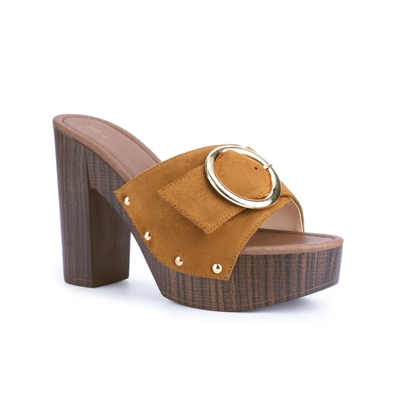 BLISSFUL STEP Women's Platform Block High Heels Buckle Slip on Sandals Brown (Size 6.5)