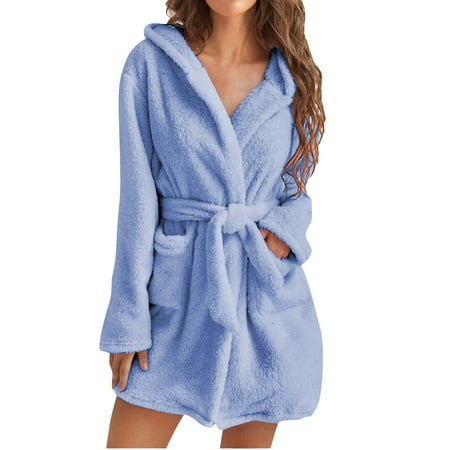 

Pajama Cardigans for Women Long Sleeve Lightweight Fleece Warm Sleepwears Loungewear Comfortable Pockets Nightgowns with Belt (L B Blue)