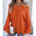 thumbnail image 6 of Women'S Solid Color Openwork Long-Sleeved Sweater, Off-Shoulder Knit Pullover Orange M, 6 of 9
