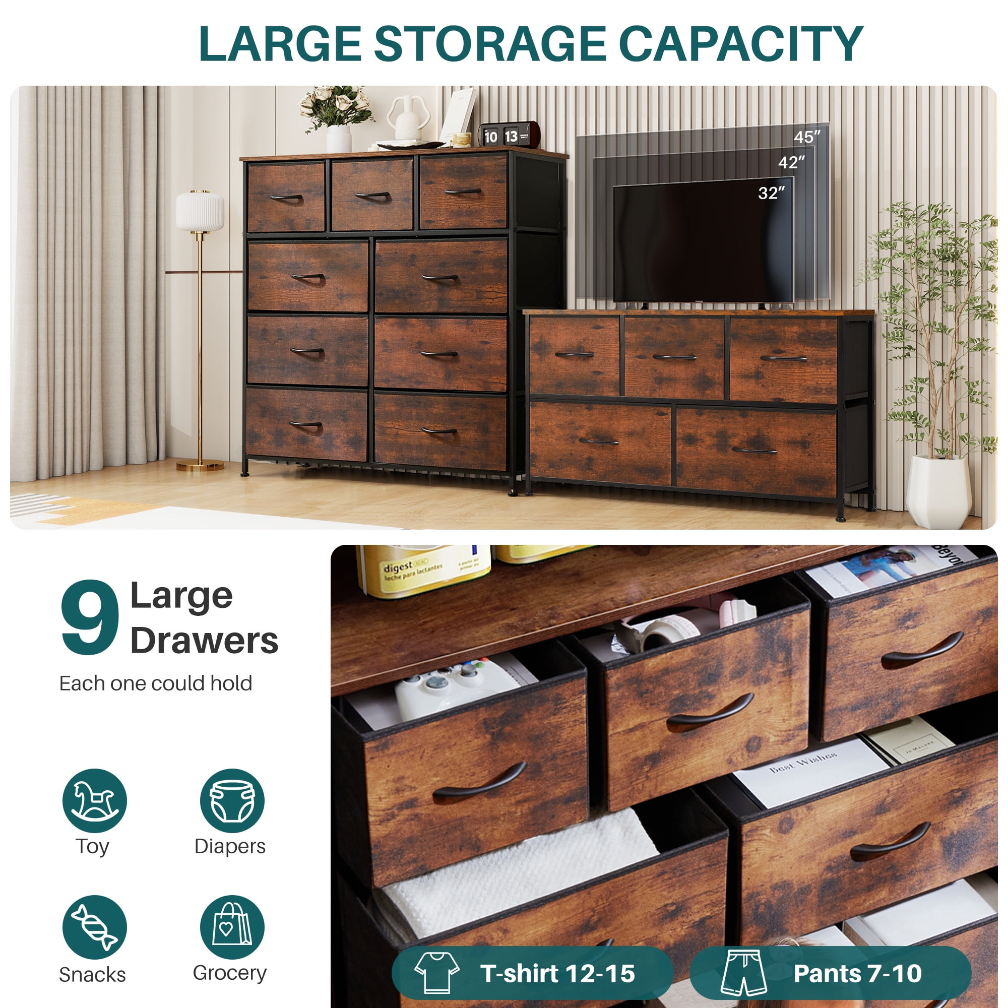 Nextay 9-Drawer Fabric Dresser for Bedroom, Storage Dresser Closet with Steel Frame & Wooden Top for Living Room, Dressing Room, Entryway, Brown