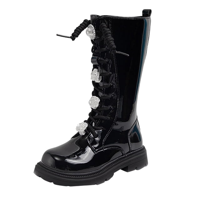 Gaexia Lace Up Riding Boots Girls Mid Calf Combat Boots PU Leather Side Zipper Punk Goth Boot Non Slip Toddler Winter Shoes