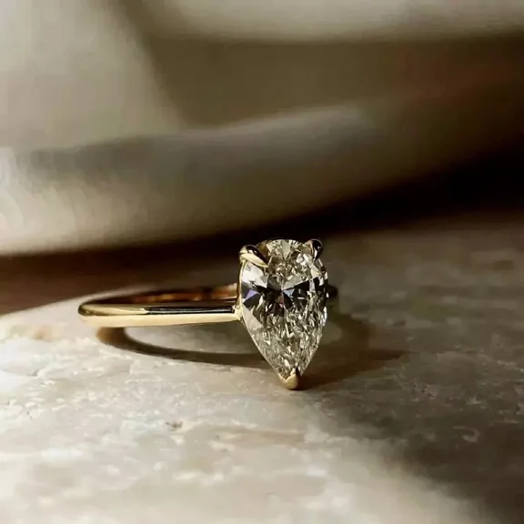 Moissanite 2.00 Carats Pear Cut Ring Solitaire 14k Yellow Gold Plated