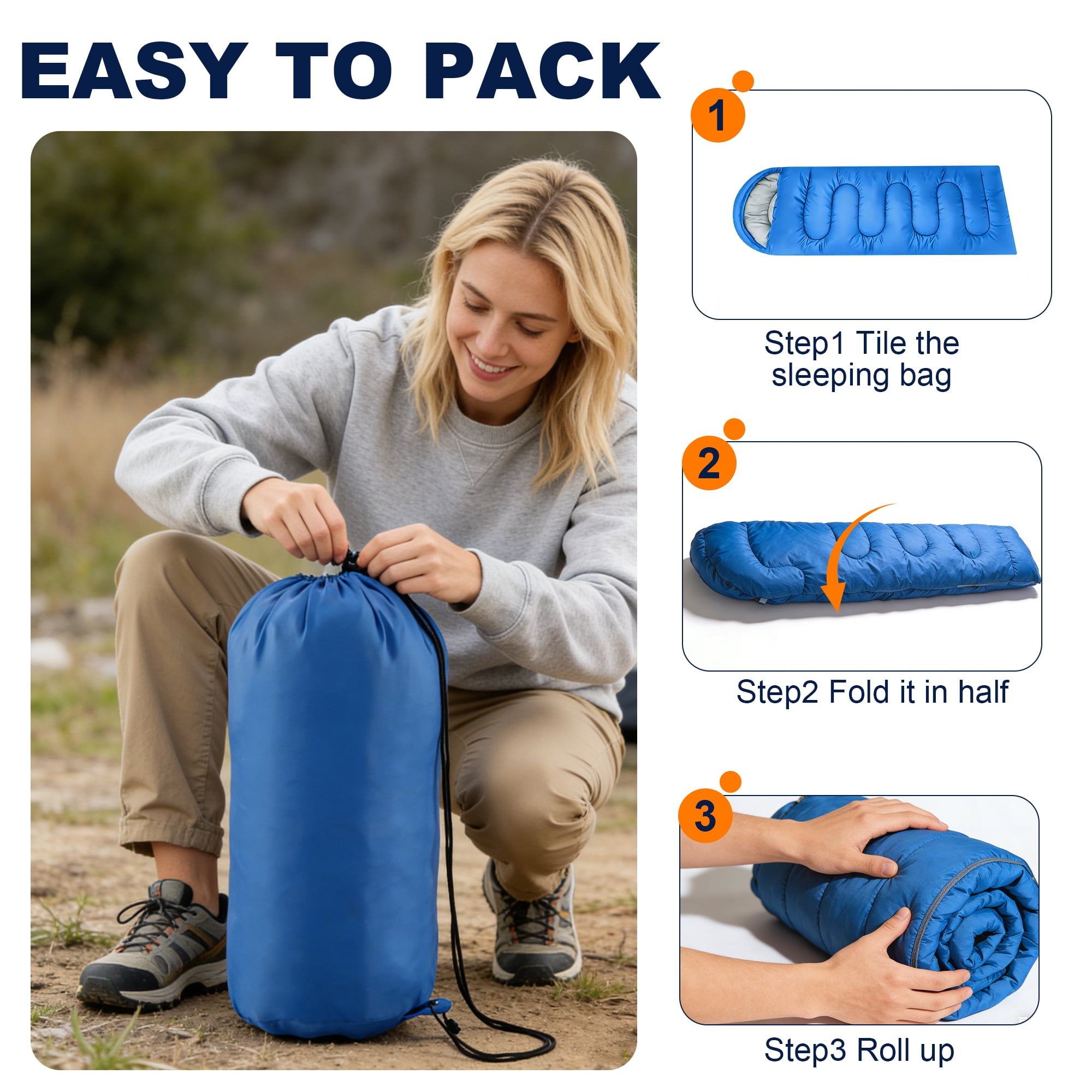 OHHANI Sleeping Bag for Adults Lightweight Backpacking, Comfort 40°F to 77°F, 87" x 30" Suitable for Camping, Hiking, Travel, Blue