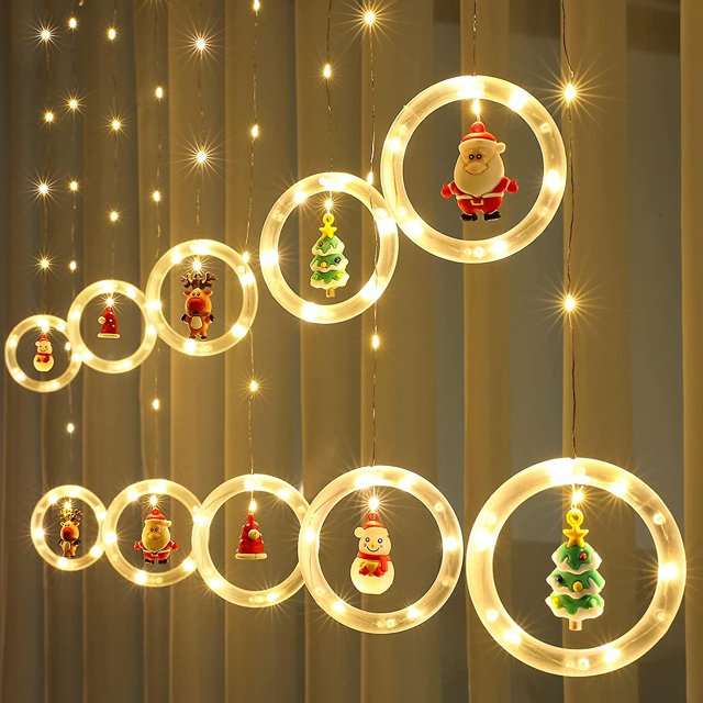 Luces de ventana Decoración navideña Luces de anillo con adorno Juguete Luces de cortina LED Novedad para interiores y exteriores Árbol de Navidad Decoraciones para el jardín del hogar