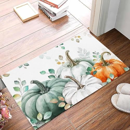 Doormat Indoor Entrance Home Decor Door Mat Teal Orange White Fall Floor Rugs for Kitchen Bathroom Thanksgiving Pumpkins Funny Welcome Mat 16x24 Inch.