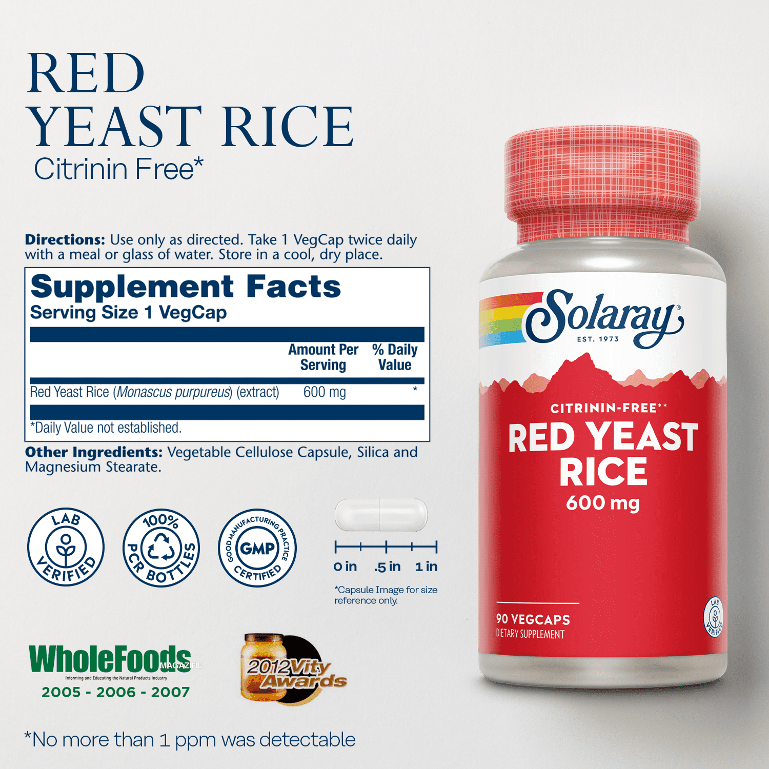 Solaray Red Yeast Rice, Healthy Heart & Cardiovascular Support, Non-Irradiated & Citrinin-Free