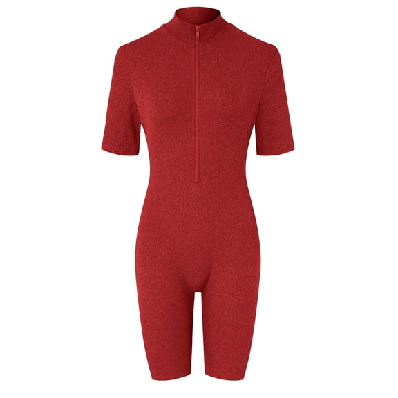 Vedolay Womens Jumpsuit Women's Basic Solid Turtleneck Long Sleeve Bodysuits Jumpsuits Stretchy Romper,Red L