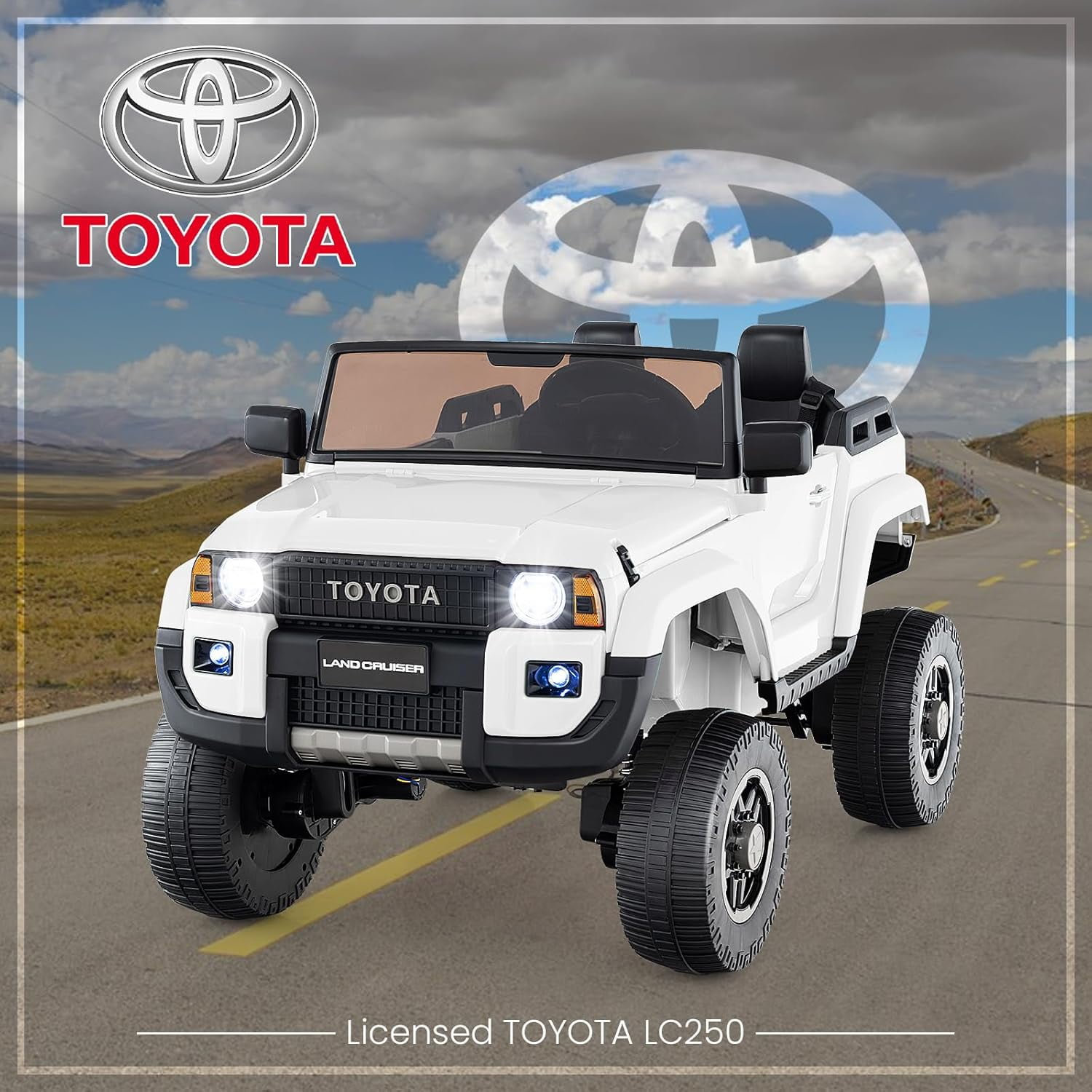 Licensed Toyota LC250 24V 2 Seater Ride on Truck by OLAKIDS, 2WD/4WD Battery Powered Vehicle with Remote Control, 3 Speeds, Music, Lights, Kids Electric Car for 3+ Boys Girls