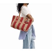 Coach Women's City Tote Straw Bag With Stripes And Charm