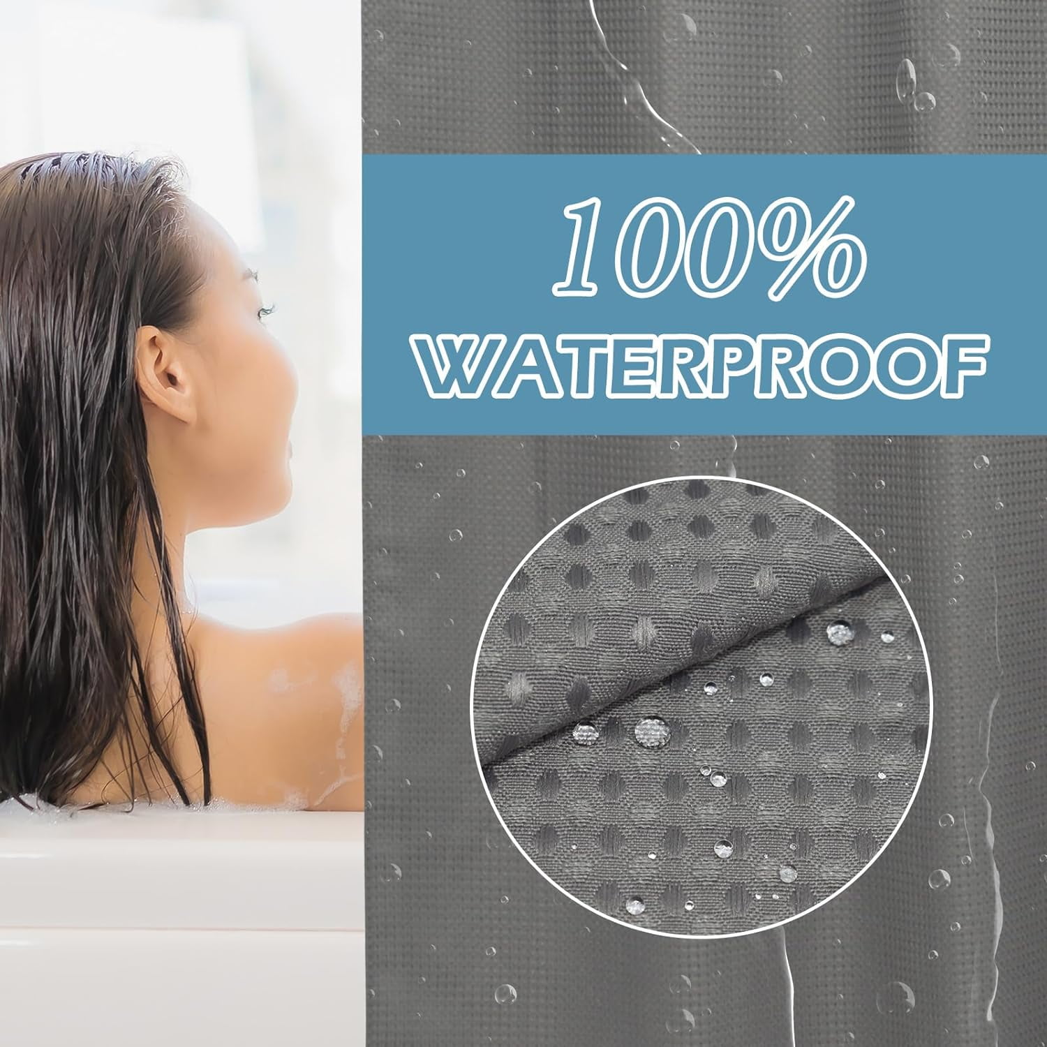 Zrodlmo No Hook Fabric Shower Curtain with Snap Lining, Waffle Waterproof and Mildew Resistant Bathroom Curtain, 72" x 74", Gray