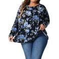thumbnail image 1 of Blusas de mujer de tallas grandes GRACE & GRANDEUR, con estampado floral, de manga larga, túnica plisada, cuello redondo, elegantes y casuales, 4X, azul oscuro, 1 of 1