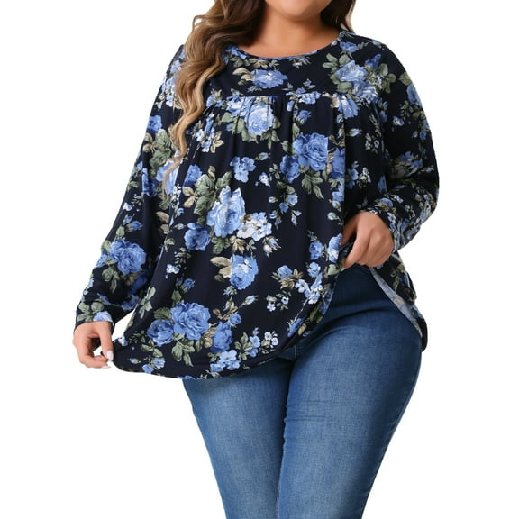 Agnes Orinda Plus Size Tops for Women Long Sleeve Tunic Pleated Crew Neck Dressy Casual Fall Blouses 1X Dark Blue