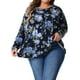 thumbnail image 1 of Blusas de mujer de tallas grandes GRACE & GRANDEUR, con estampado floral, de manga larga, túnica plisada, cuello redondo, elegantes y casuales, 3X, azul oscuro, 1 of 1