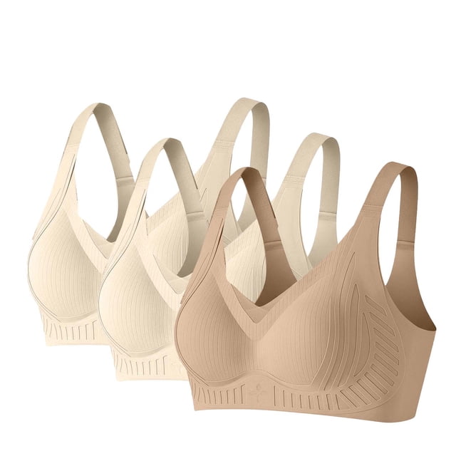 Amzcrzy 3PC Womens Bras Comfortable Supportive Lift Push up Bra Trendy Solid Color Ribbed Seamless T Shirt Bra L