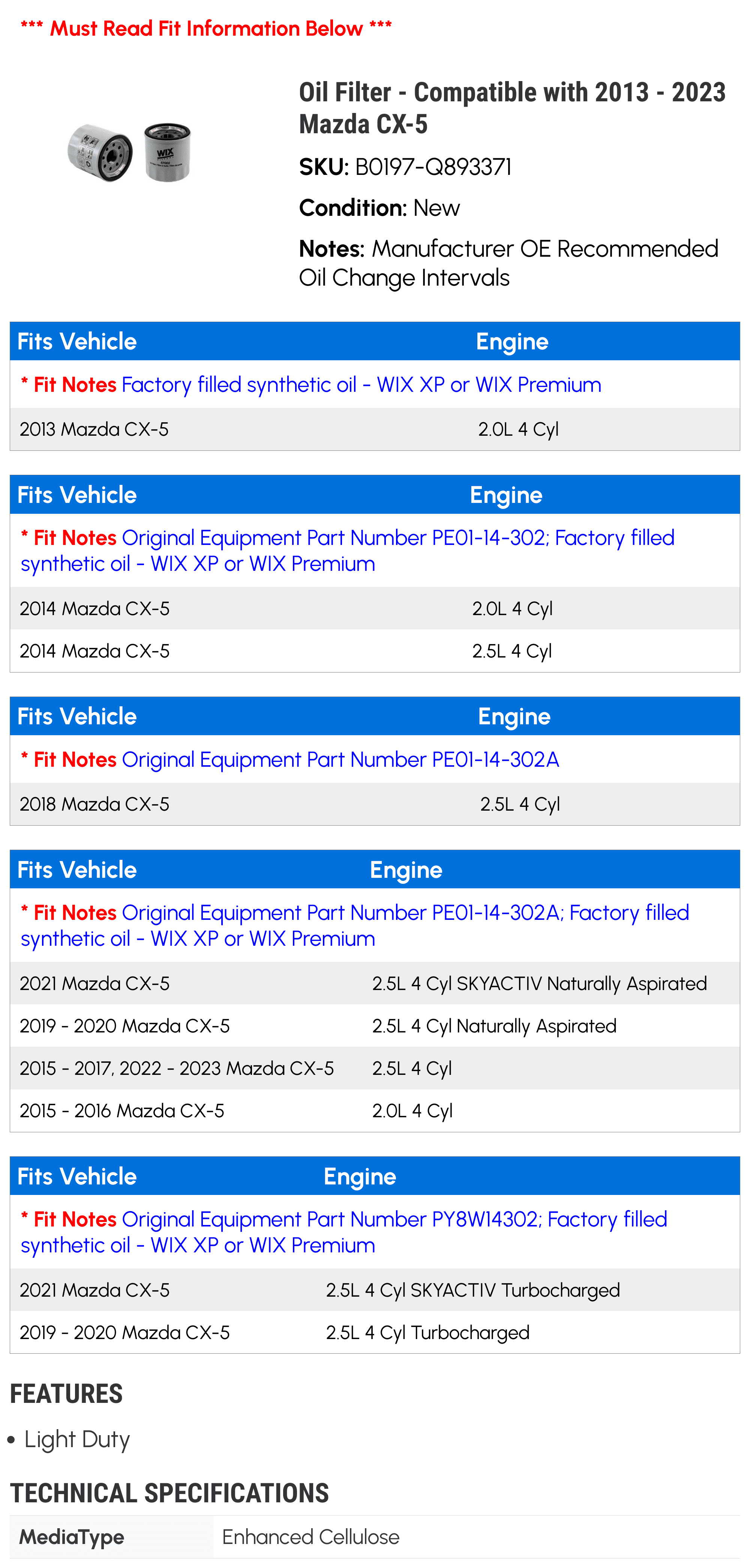Oil Filter - Compatible with 2013 - 2023 Mazda CX-5 2014 2015 2016 2017 2018 2019 2020 2021 2022