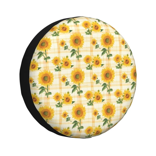 Fotbe Yellow White Plaid Sunflower Funda de Llanta de Repuesto con Estampado, Engrosada, Ajuste Universal para Jeep, Remolque, RV, SUV, Camión-14 inch