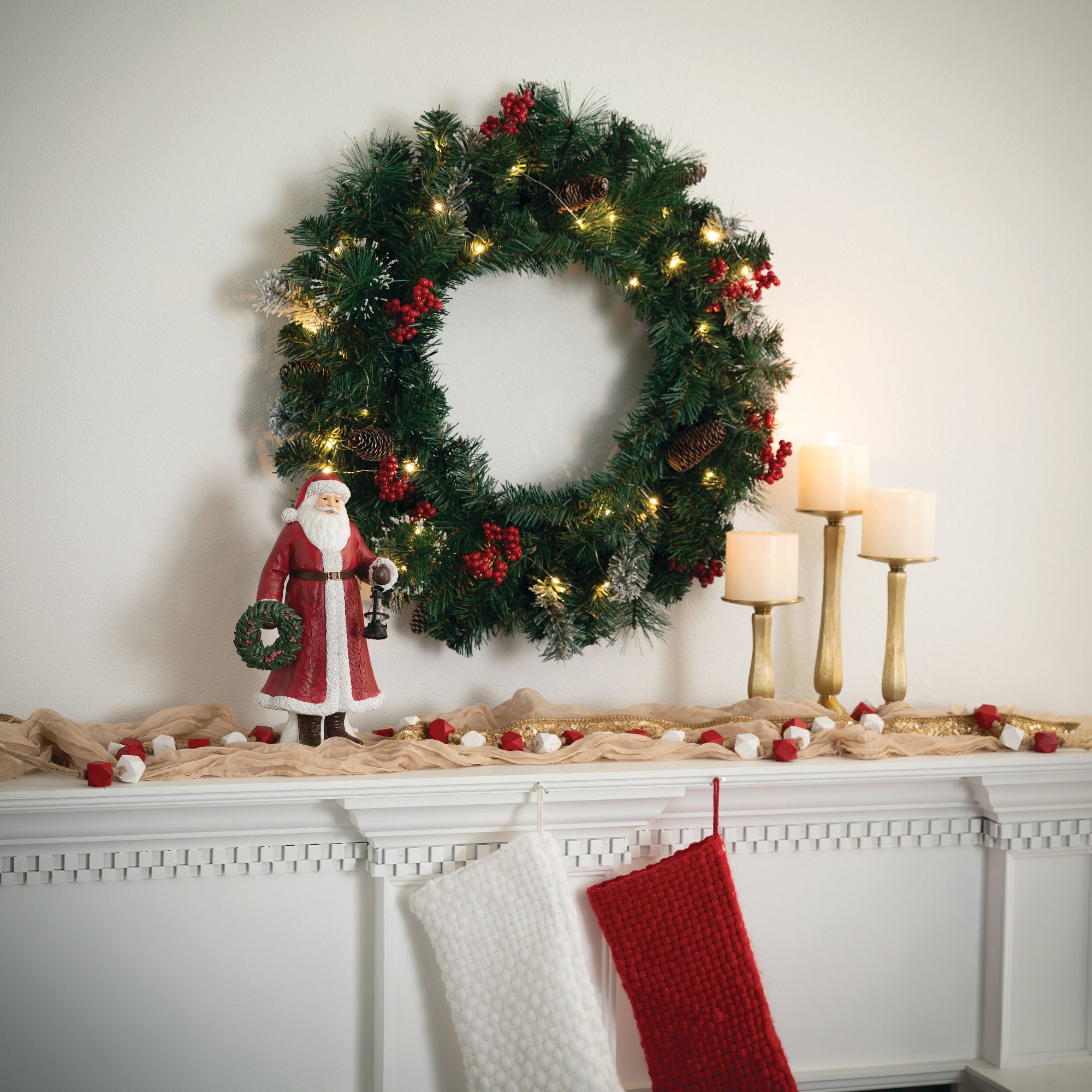 Sullivans Prelit Flocked Christmas Wreath - 24 Inch Lighted Pine Wreath With Berries & Timer