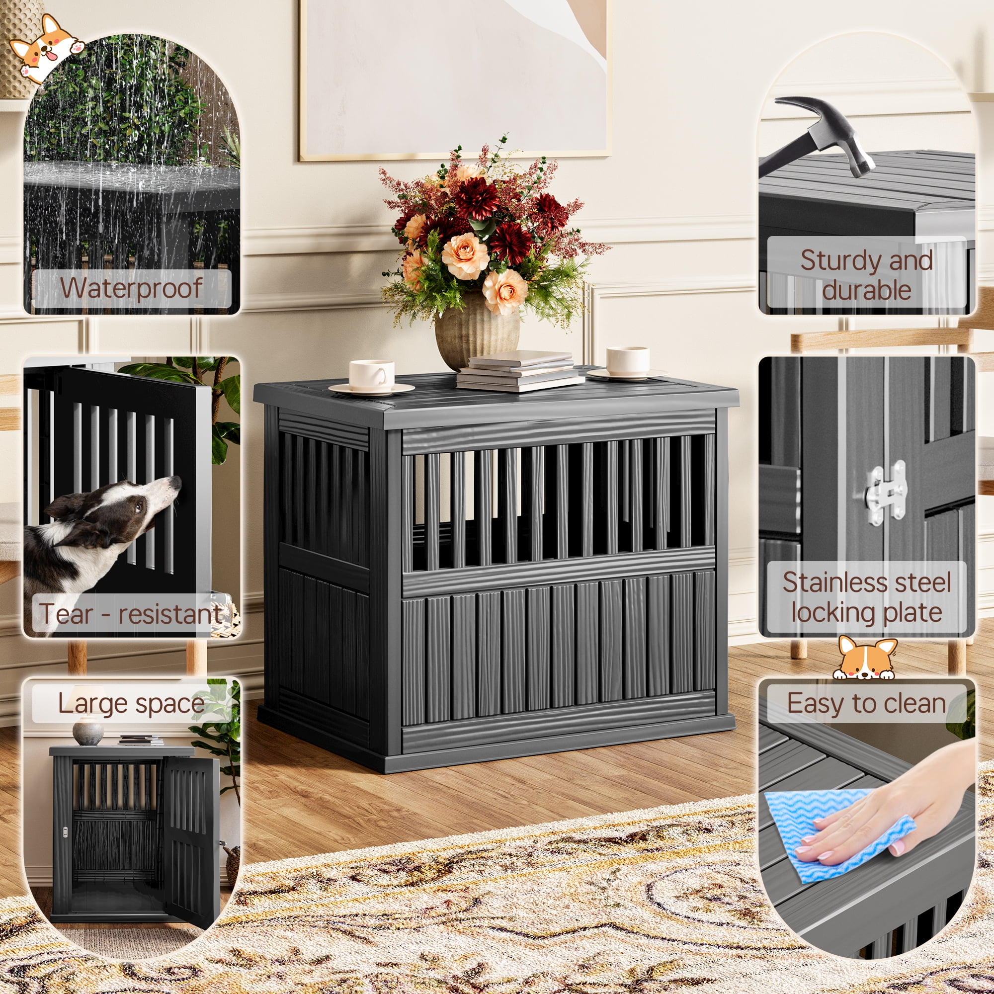 Bifanuo Dog Crate, Decorative Plastic Kennel with Locking Latch for Small to Medium Breeds, Indoor, Black
