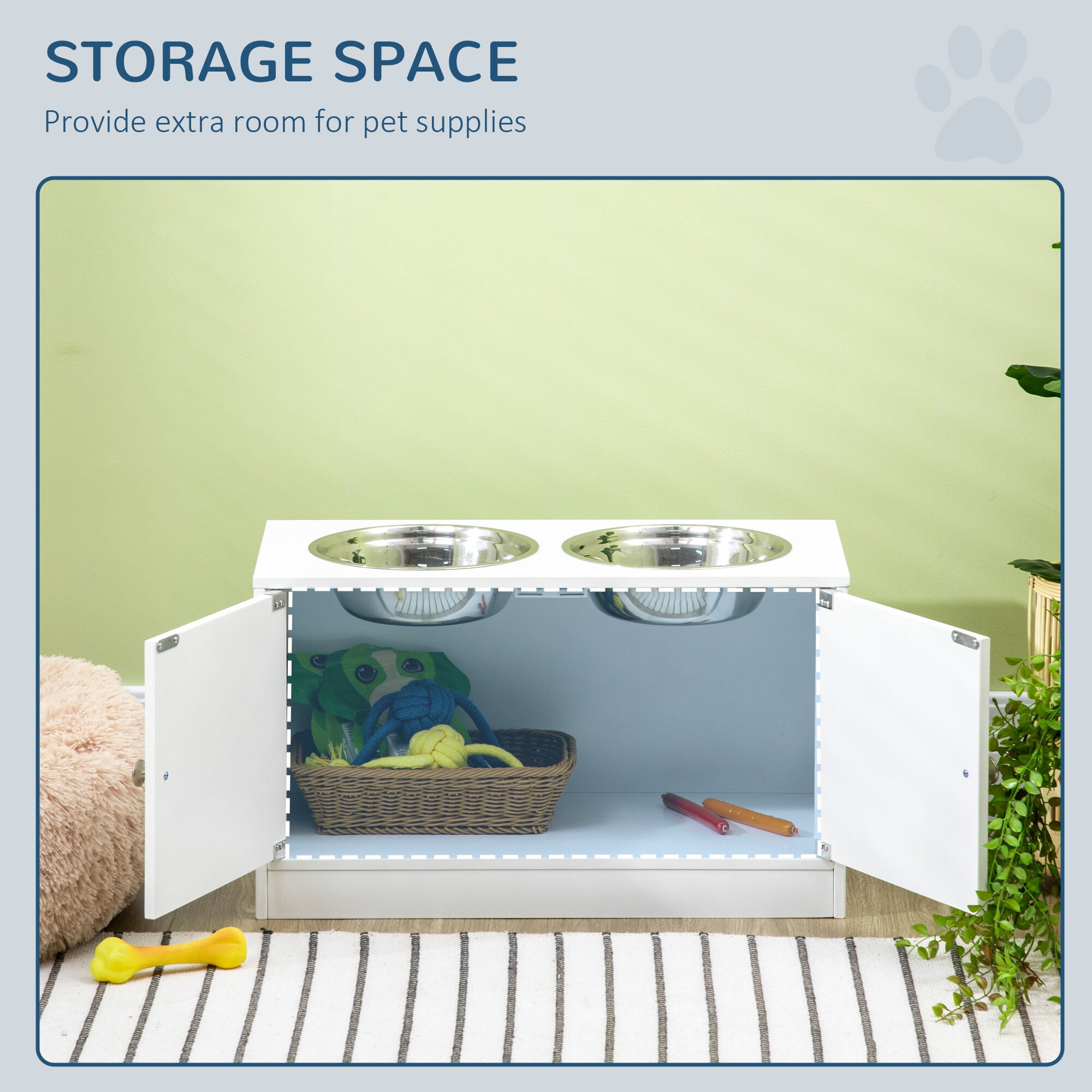 Orthopedic Dog Bed, PawHut Large Elevated Dog Bowls with Storage Cabinet Containing Large 44L Capacity, Raised Dog Bowl Stand Pet Food Bowl Dog Feeding Station, White, White Dog Bed,Steel Cat Bed