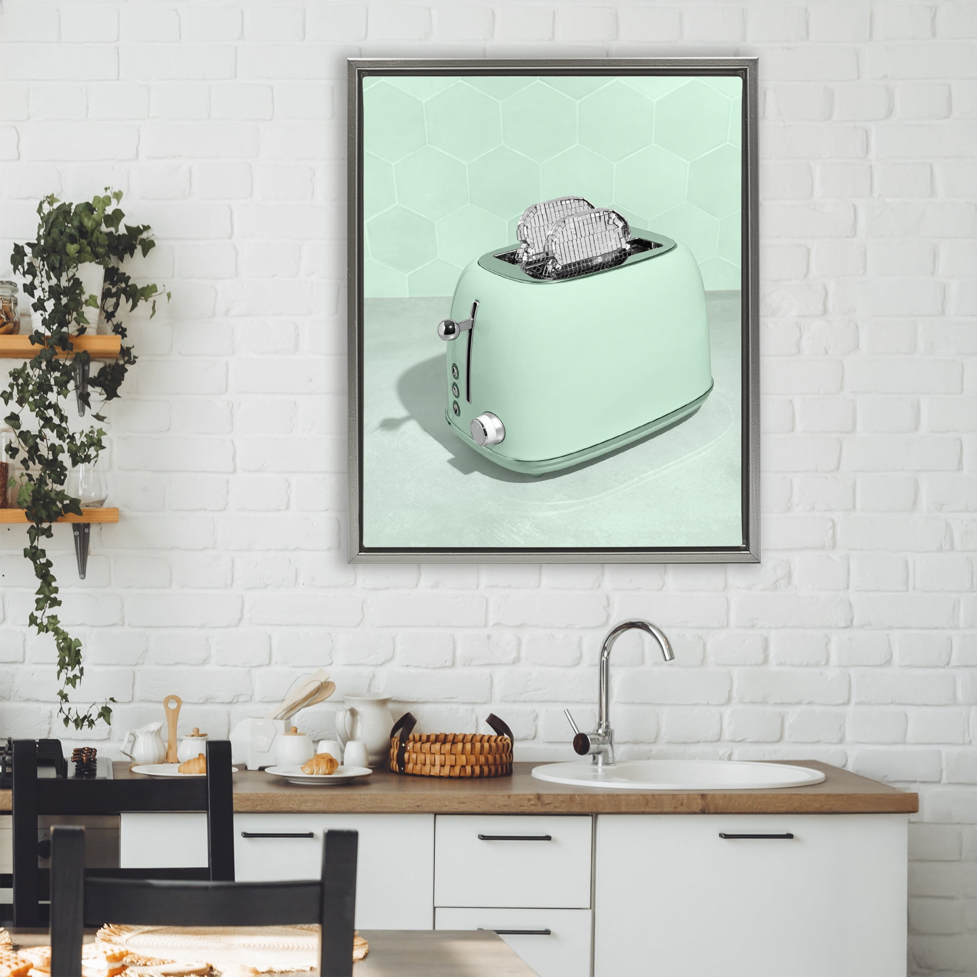 Stupell Industries Disco Toaster Over Green Gray Framed Floater Canvas Wall Art, design by LISH Creative