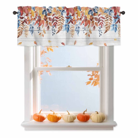 Autumn Orange Blue Leaves Curtain Valances,Farm Plant on Wood Board Small Window Treatment for Kitchen Living Room Bathroom,42" x 18"