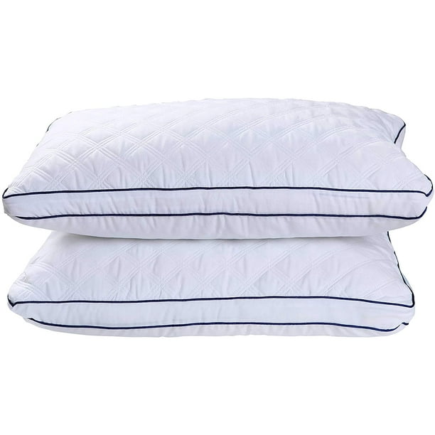 Gusseted Quilted Bed Pillows Extra Firm (Queen, Navy Blue Piping) Set