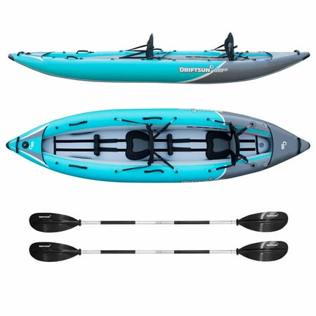 driftsun rover kayak padded eva seats pressure aluminum floor support paddles pump inflatable tandem water performance person cam includes mount
