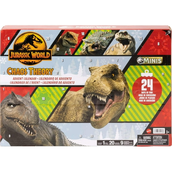 Mattel Jurassic World: Chaos Theory Calendario de Adviento navideño 2024 con cuenta regresiva de 24 días, 30 sorpresas de juguetes relacionadas con dinosaurios, 20 mini dinosaurios, 1 humano, 9 piezas