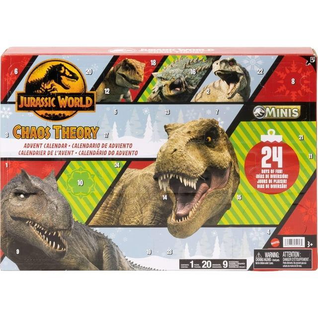 Mattel Jurassic World: Chaos Theory Calendario de Adviento navideño 2024 con cuenta regresiva de 24 días, 30 sorpresas de juguetes relacionadas con dinosaurios, 20 mini dinosaurios, 1 humano, 9 piezas