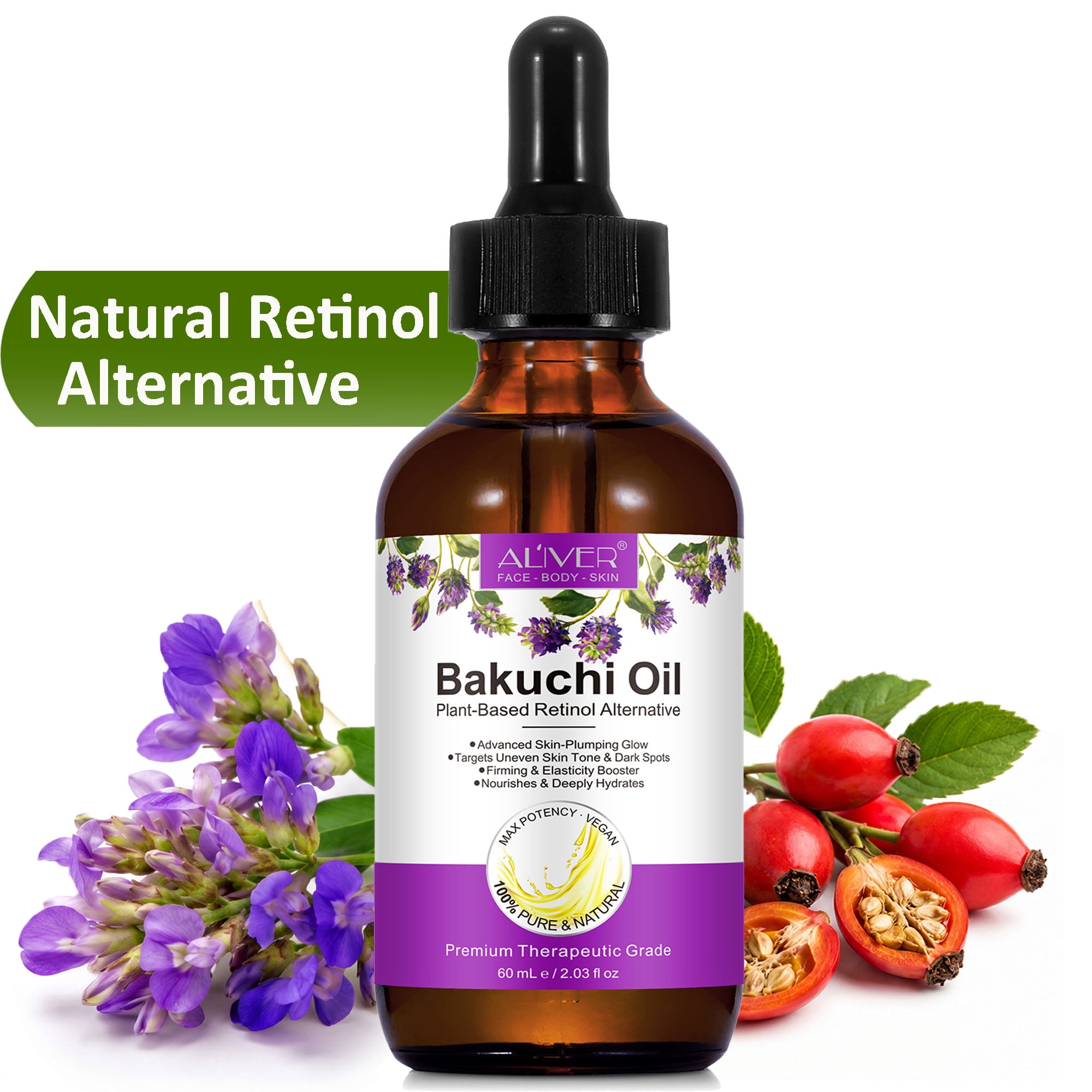 Bakuchiol Oil for Radiant Skin, Hydrating & Firming, Natural Retinol Alternative for Fine Lines, Dry & Dull Skin Care,with Rosehip, Jojoba & Sea Buckthorn Oils, 2 fl oz (60 mL)