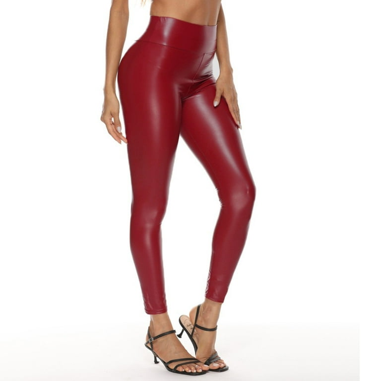 YIWEI Women Faux Leather Leggings High Waist Stretchy Skinny Pencil Pants  Pu Trousers Red Wine S 