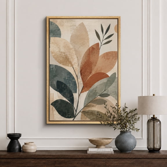 Framed Canvas Print Modern Botanical Leaf Wall Art Abstract Decorative for Living Room Bedroom - 16"x24" NATURAL Frame