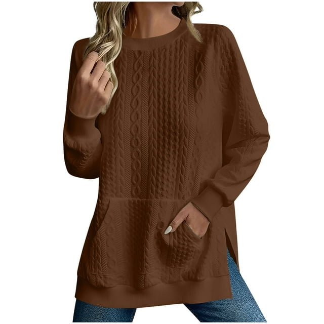 Blouse à Manches Longues pour Femmes Nouveau Chandail-Over pour Femmes Automne Hiver Col Rond Hauts Décontractés Fente Latérale Chandails en Molleton à Manches Longues avec Poche Marron P