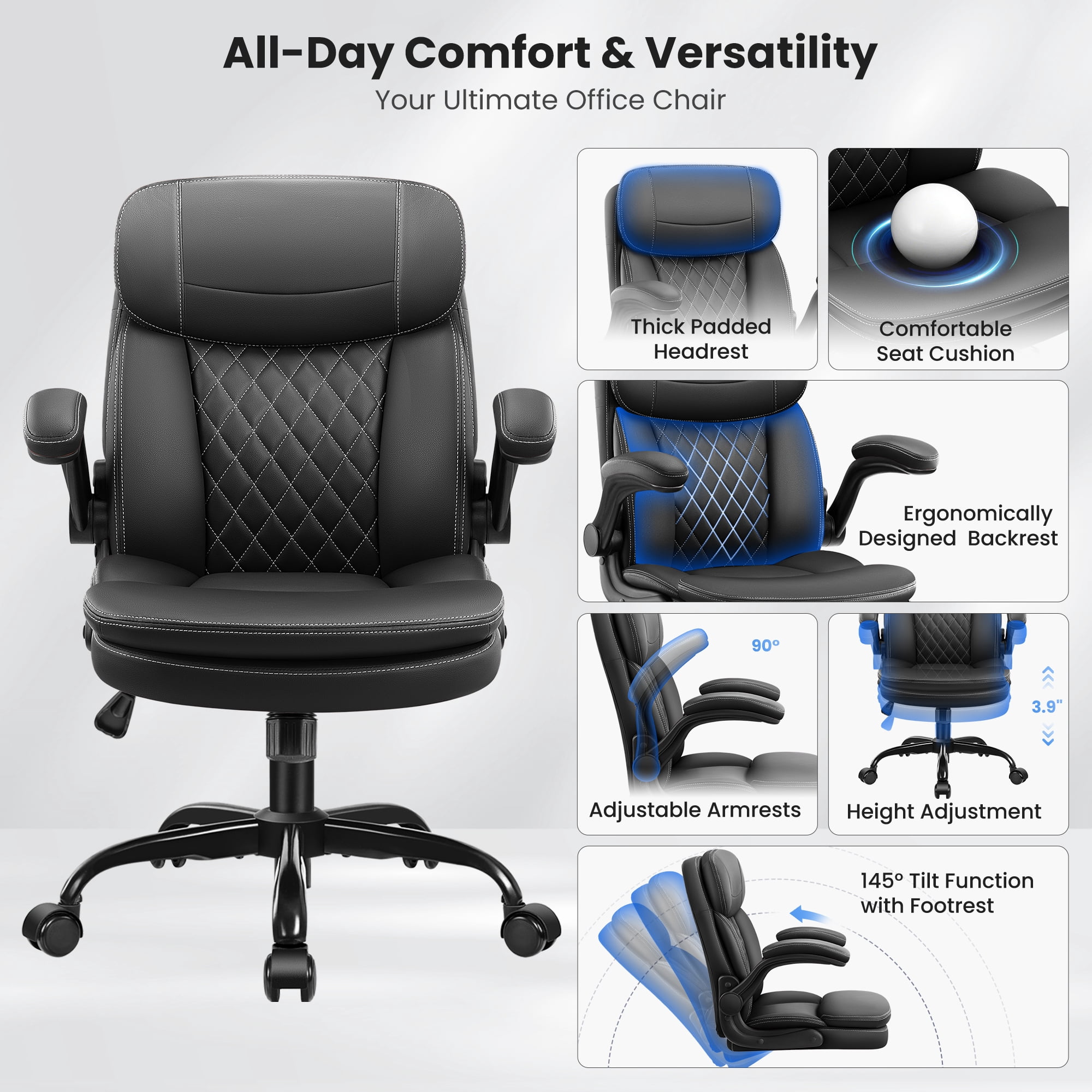 COOLHUT 400LBS Big and Tall Office Chair, Executive PU Leather Desk Chair Thick Seat Cushion and Neckrest, Support 8 Hours Heavy Duty Design, 8-Years Warranty, Black
