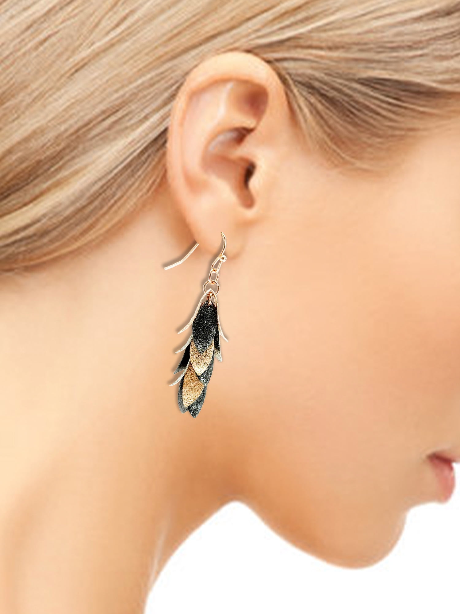 Time and Tru Women's Tri Tone Cascading Leaf Linear Drop Earrings