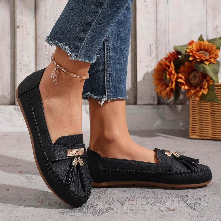 Loafers for Women Slip On Comfortable Leather Tassel Dress Shoes Non Slip Stitch Low Top Flat Walking Shoes Black Size 7.5 - Walmart.com Loafers for Women Slip On Comfortable Leather Tassel Dress Shoes Non Slip Stitch Low Top Flat Walking Shoes Black Size 7.5 - Walmart.com