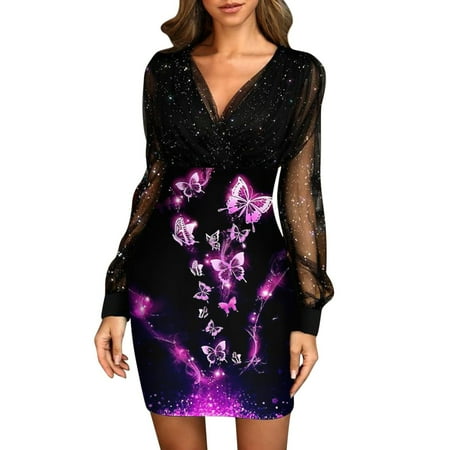 

Black Dresses for Women White Dress Sexy Women Long Sleeve Printed Patchwork Slim V-Neck Ladies Mesh Mini Dress Clearance 2022 Dress Pants Women Long Dresses for Women Purple M