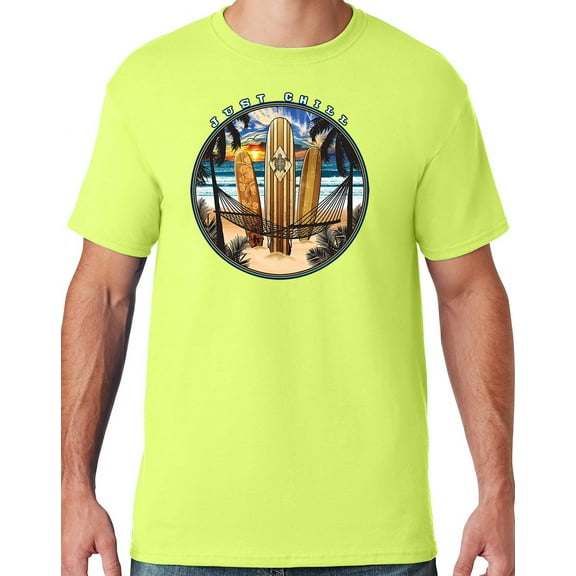 Mens Manu Bay Surf Company JUST CHILL SURFING T-shirt, 4XL Safety Green