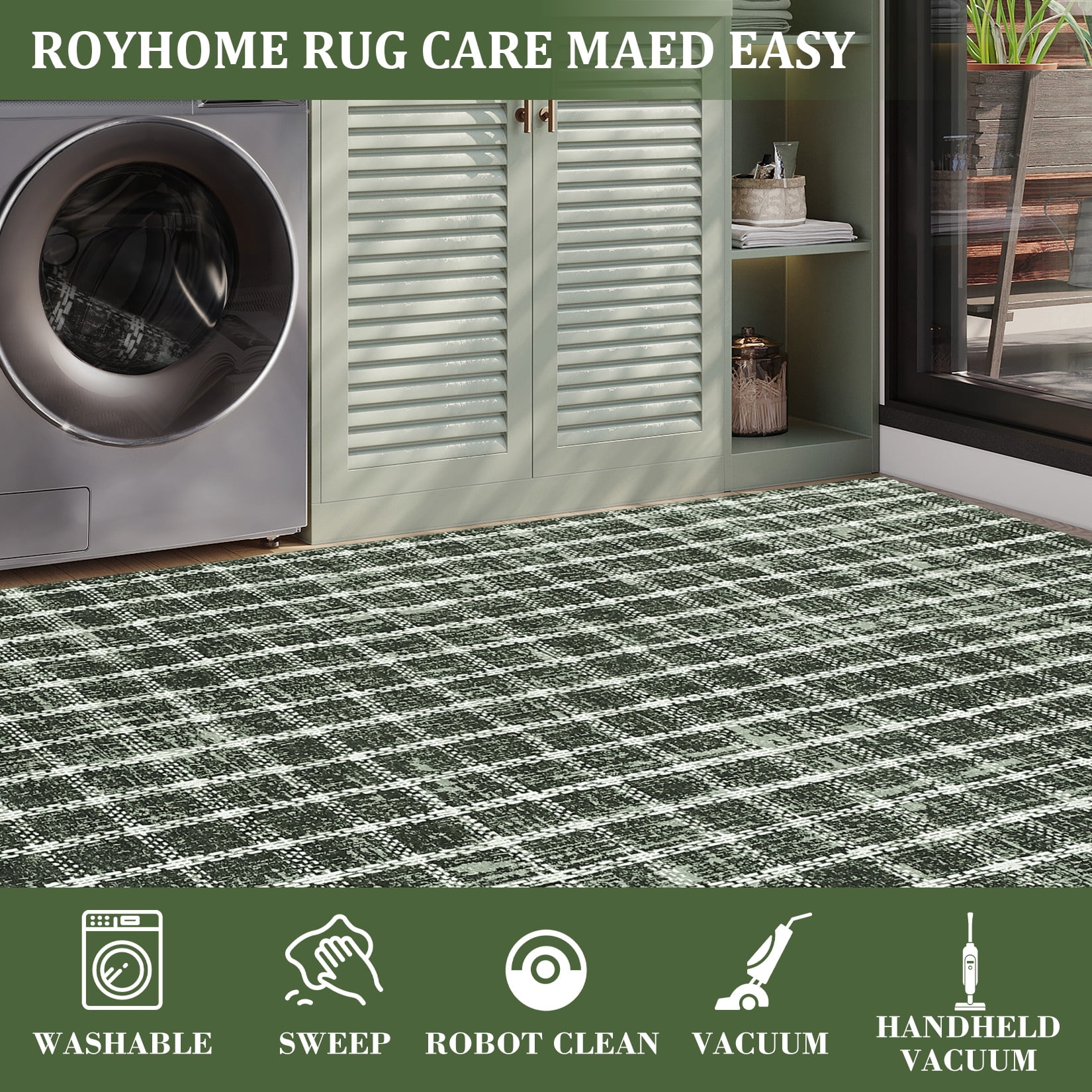 Garvee 6'x9' Area Rugs Modern Plaid Rug, Washable Geometric Rug Stain-Resistant Non Slip Indoor Rug for Living Room Dining Room Office, Green